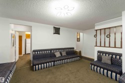 Carpeted living area featuring a textured ceiling - 