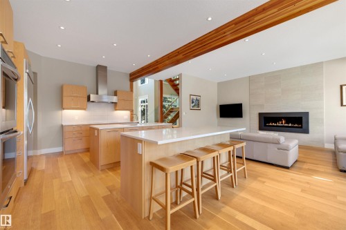 8408 118 Street, Edmonton, AB - Indoor Photo Showing Kitchen With Fireplace