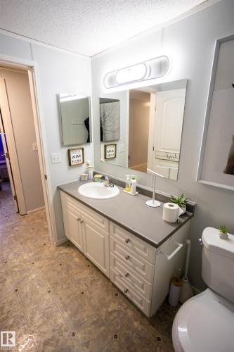 The bathroom features a white vanity with a countertop and an integrated sink, illuminated by an overhead light fixture - 41 Graywood Cove, Stony Plain, AB - Indoor Photo Showing Bathroom