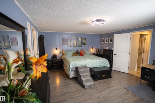 The bedroom features wood-look flooring, light blue walls, and a ceiling fan - 41 Graywood Cove, Stony Plain, AB - Indoor Photo Showing Bedroom