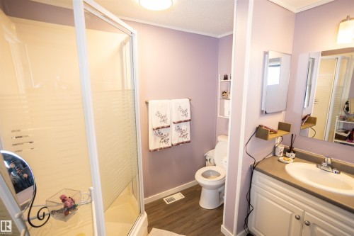 This bathroom features a shower enclosure with frosted glass, a vanity with a white cabinet and a light-colored countertop, and a toilet - 41 Graywood Cove, Stony Plain, AB - Indoor Photo Showing Bathroom