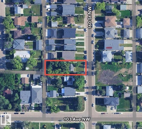 Aerial map of property and surrounding area with property boundaries highlighted - 10316 160 Street, Edmonton, AB 