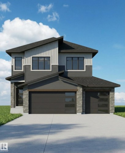 This property features a contemporary architectural style with varied siding materials, including horizontal and vertical panels, and stone accents - 86 Mockingbird Crescent, Fort Saskatchewan, AB - Outdoor