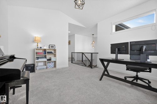 Office area with light carpet, vaulted ceiling, and suspended lighting - 9727 205 Street, Edmonton, AB - Indoor