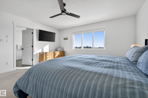 Bedroom with a ceiling fan, carpet, a textured ceiling, and ensuite bath - 9727 205 Street, Edmonton, AB - Indoor Photo Showing Bedroom