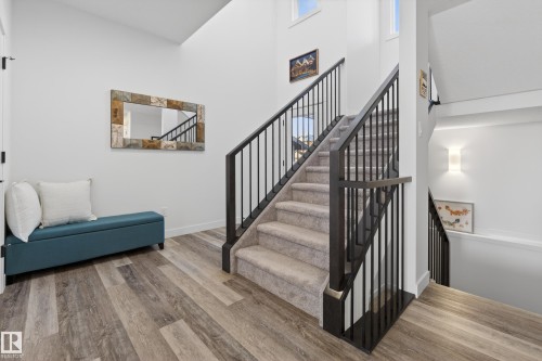 Staircase with wood finished floors and a high ceiling - 9727 205 Street, Edmonton, AB - Indoor Photo Showing Other Room