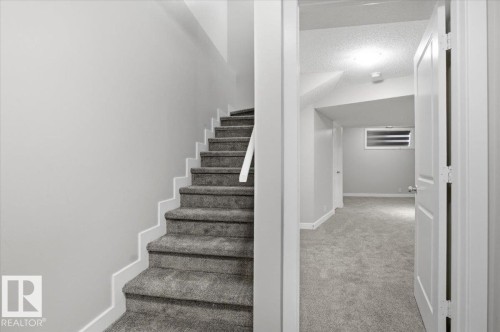 Carpeted staircase with white risers and a white handrail, leading to a carpeted area with neutral-toned walls and a window - 6 6410 134 Avenue Nw, Edmonton, AB - Indoor Photo Showing Other Room
