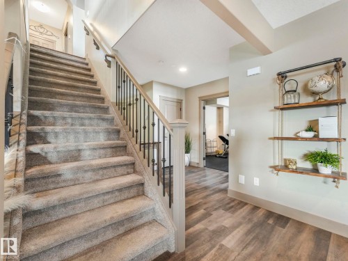 Staircase with baseboards and wood finished floors - 117 Mcdowell Wynd, Leduc, AB - Indoor Photo Showing Other Room