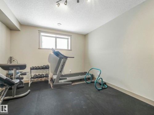 Workout area featuring dark rubber floors and a textured ceiling - 117 Mcdowell Wynd, Leduc, AB - Indoor Photo Showing Gym Room