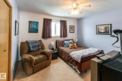 Bedroom featuring a textured ceiling, carpet floors, and a ceiling fan - 