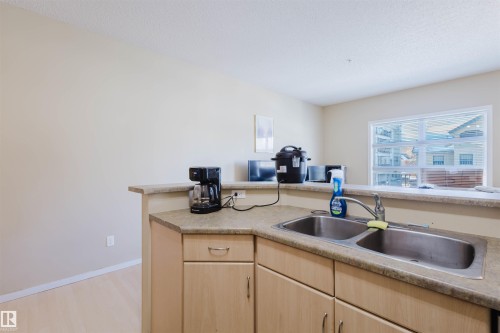 Kitchen featuring light wood finish cabinets, light countertops, and light wood-style flooring - 207 9910 111 Street, Edmonton, AB - Indoor Photo Showing Kitchen With Double Sink