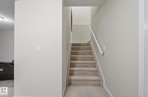 Stairs featuring carpet flooring and a textured ceiling - 30 4 Heritage Way, St. Albert, AB - Indoor Photo Showing Other Room