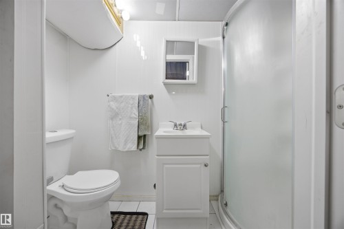 3-PC full bath in basement featuring toilet, vanity, a shower stall, and light tile patterned floors - 4209 116 Avenue, Edmonton, AB - Indoor Photo Showing Bathroom