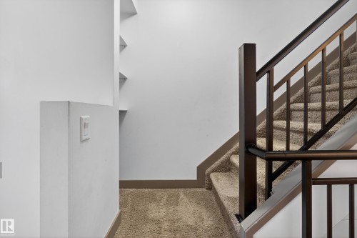 Staircase featuring carpeted steps and a dark-toned railing - 1649 Cunningham Way, Edmonton, AB - Indoor Photo Showing Other Room