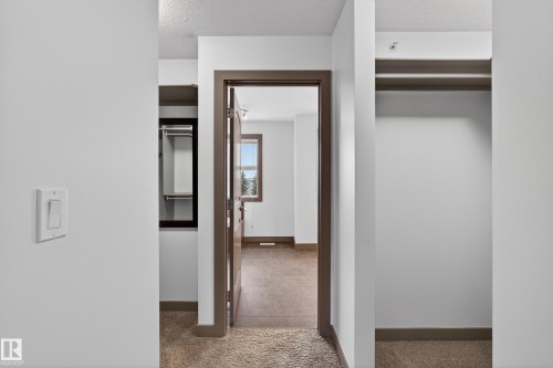 Hallway with carpet flooring, light-colored walls, and two open closet spaces - 1649 Cunningham Way, Edmonton, AB - Indoor Photo Showing Other Room