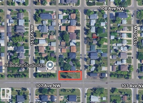 Aerial overview of property's location featuring property boundaries highlighted - 15210 107 Avenue, Edmonton, AB 
