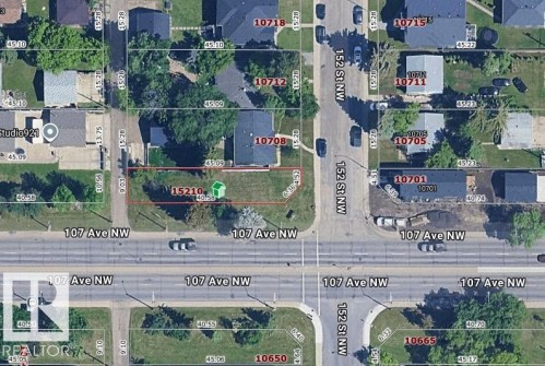 Aerial overview of property's location with property parcel outlined - 15210 107 Avenue, Edmonton, AB 