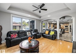 Living area featuring a ceiling fan, ornate columns, light wood-style floors, a raised ceiling, and a chandelier - 