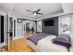 Bedroom with a raised ceiling, arched walkways, light wood-type flooring, and ceiling fan - 