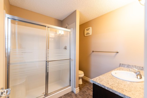Bathroom featuring a shower stall, vanity, a textured ceiling, and dark tile patterned floors - 1118 162 Street, Edmonton, AB - Indoor Photo Showing Bathroom