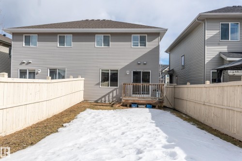 Snow covered back of property with a fenced backyard and a wooden deck - 1118 162 Street, Edmonton, AB - Outdoor With Exterior