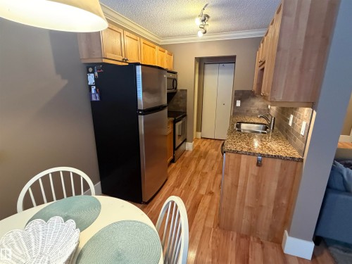 Kitchen featuring Maple Cabinetry & Granite Countertops - 102 11303 103 Avenue, Edmonton, AB - Indoor Photo Showing Other Room