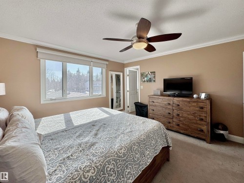 Bedroom with light carpet, a ceiling fan, ornamental molding, and a textured ceiling - 4 Wolf Crescent Nw, Edmonton, AB - Indoor Photo Showing Bedroom