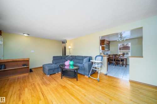 Living area featuring hardwood floors and a pass-through window to the dining area - 7911 145 Avenue Nw, Edmonton, AB - Indoor Photo Showing Living Room