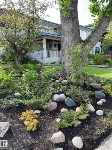 Mature trees and low maintenance.  Beautiful in the summer. - 8332 120 Street, Edmonton, AB - Outdoor With Deck Patio Veranda