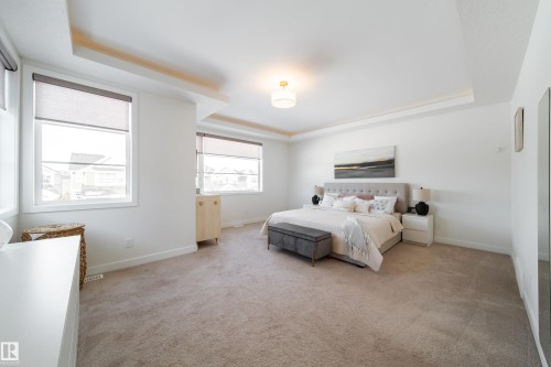 Bedroom featuring a tray ceiling and light carpet - 19 Sturtz Place, Leduc, AB - Indoor Photo Showing Bedroom