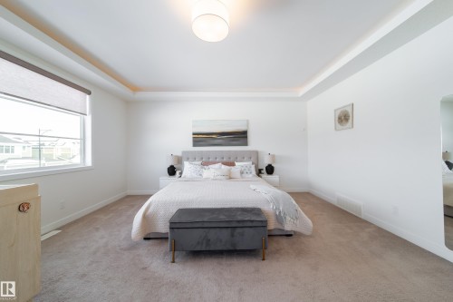Carpeted bedroom featuring a tray ceiling and baseboards - 19 Sturtz Place, Leduc, AB - Indoor Photo Showing Bedroom