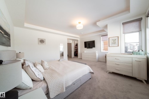 Carpeted bedroom with a tray ceiling and a walk in closet - 19 Sturtz Place, Leduc, AB - Indoor Photo Showing Bedroom