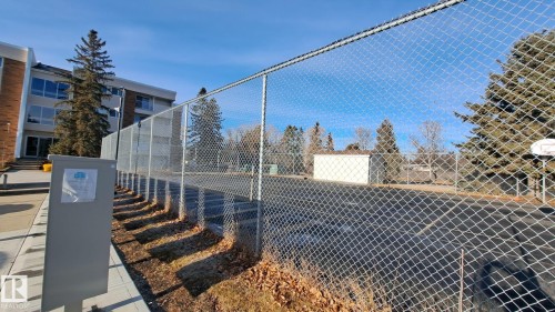 View of the property's exterior, featuring a chain-link fence, an outdoor paved area, and evergreen trees - 12 11265 31 Avenue, Edmonton, AB - Outdoor