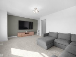 Living room featuring light colored carpet and baseboards - 