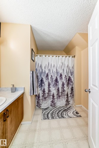 Bathroom featuring a vanity with a white countertop and wood cabinetry, alongside a shower area with a curtain and a patterned floor mat - 11532 9 Avenue, Edmonton, AB - Indoor Photo Showing Bathroom
