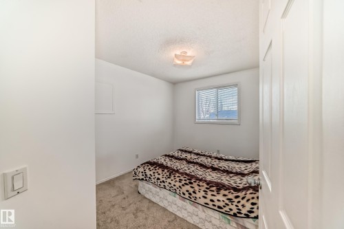 Bedroom with a window featuring horizontal blinds, a ceiling-mounted light fixture, and carpeted flooring - 11532 9 Avenue, Edmonton, AB - Indoor Photo Showing Bedroom