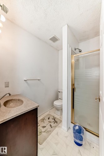 Bathroom featuring a vanity with a stone countertop and an integrated sink, a toilet, and a shower with a gold-framed glass enclosure - 11532 9 Avenue, Edmonton, AB - Indoor Photo Showing Bathroom