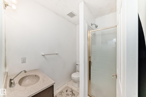 Bathroom featuring a vanity with an integrated sink and a shower with a frosted glass door - 11532 9 Avenue, Edmonton, AB - Indoor Photo Showing Bathroom