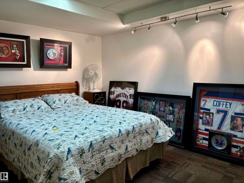 Bedroom with dark colored carpet and track lighting - 39 Grand Meadow Crescent, Edmonton, AB - Indoor Photo Showing Bedroom