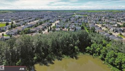Aerial perspective showcasing a residential community with numerous single-family homes, mature trees, and a prominent body of water in the foreground - 