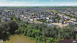 Aerial perspective showcasing a residential development with numerous single-family homes, mature trees, and a body of water - 