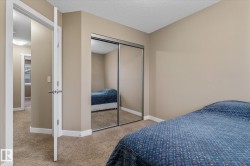 Carpeted bedroom with a textured ceiling and a closet - 