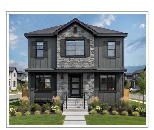 This property features a modern exterior with a grey stone facade and vertical siding - 30 Chartres Close Nw, St. Albert, AB - Outdoor With Facade