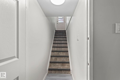 Staircase with textured treads and a light-colored door visible at the top - 18124 68Ave, Edmonton, AB - Indoor Photo Showing Other Room
