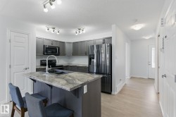 The kitchen features grey cabinetry, a kitchen island with a double sink, dark countertops, and stainless steel appliances - 