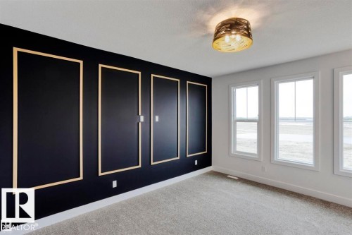 This room features a distinct accent wall with dark paint and decorative trim, complemented by light-colored walls - 63 Jubilation Drive, St. Albert, AB - Indoor Photo Showing Other Room