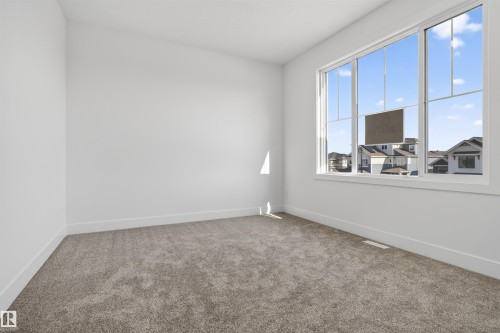 Spacious room featuring neutral carpeting, white trim, and a large multi-pane window - 63 Jubilation Drive, St. Albert, AB - Indoor Photo Showing Other Room