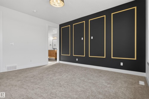 Carpeted room featuring a dark accent wall with decorative gold trim, a ceiling-mounted light fixture, and white baseboards - 63 Jubilation Drive, St. Albert, AB - Indoor Photo Showing Other Room