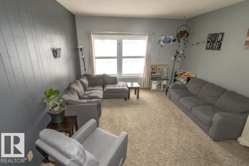 Living area featuring light gray walls, a window with curtains, and carpeting - 5016 47 St, Myrnam, AB - Indoor Photo Showing Living Room