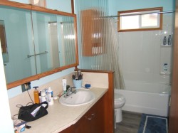 Bathroom with a vanity featuring a built-in sink, a large mirror with a wooden frame, and a full-size bathtub with a shower - 